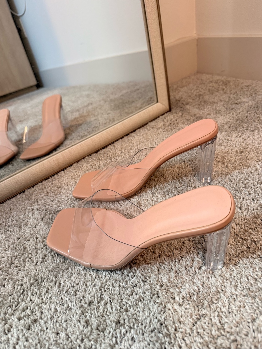 Clear Strap Nude Mule Heels for Women